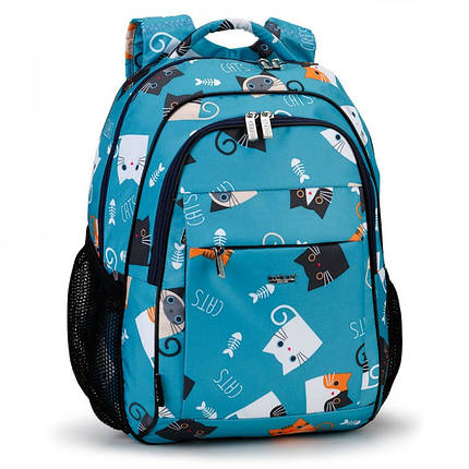 Рюкзак шкільний ортопедичний для дівчинки у 2-6 клас блакитний з модним принтом "Кошенята" два відділи Dolly 538, фото 2