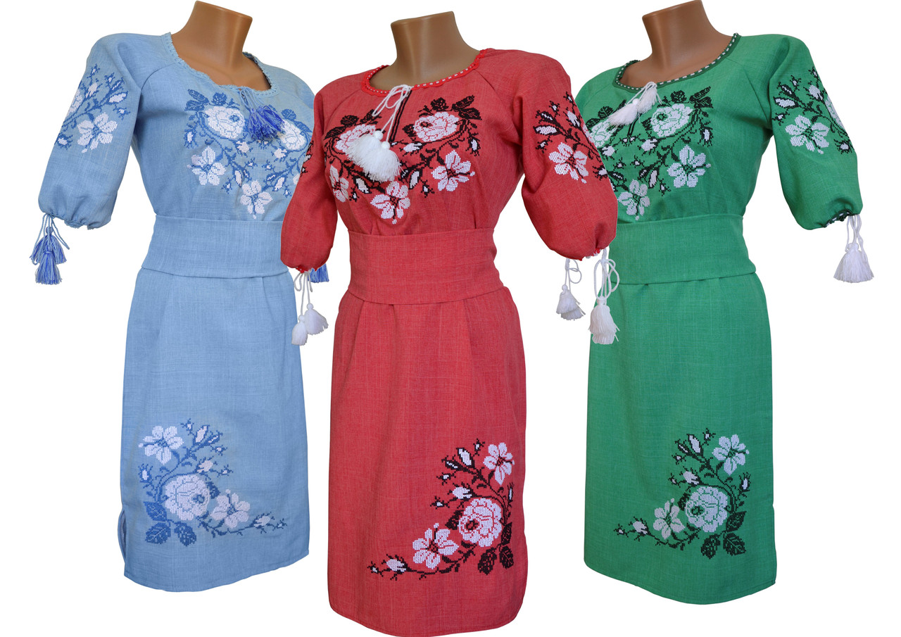 Лляна вишита сукня із рослинним орнаментом в українському стилі «Троянди», фото 1