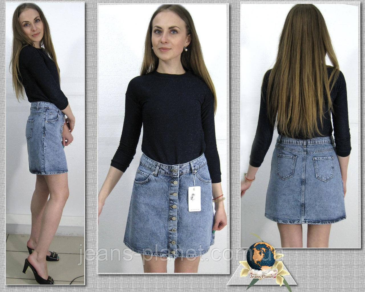 Модна джинсова коротка спідниця на ґудзиках блакитного кольору розмір S, фото 1