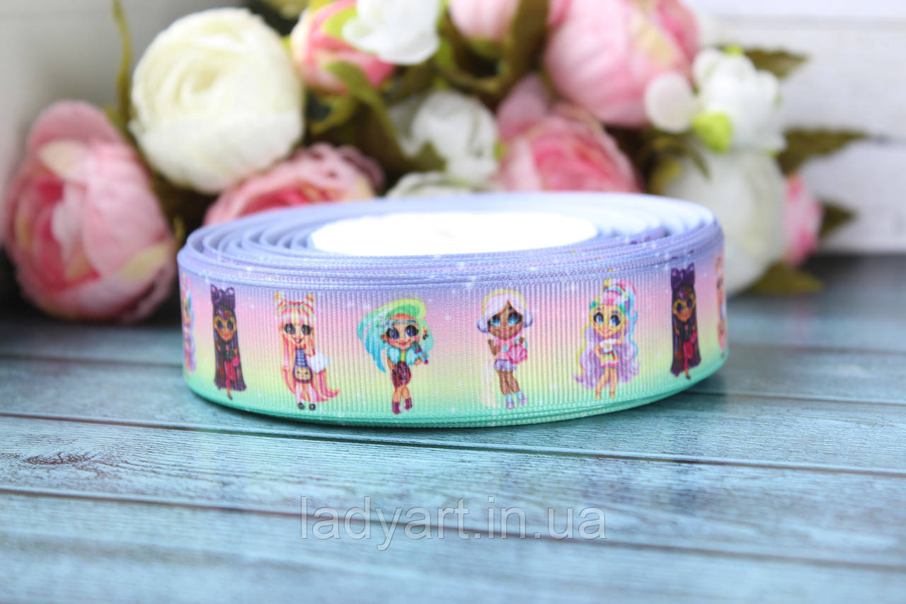 Репсова стрічка з малюнком Хеирдораблс (hairdorables) пастель сезон 2 2.5 см, 25 ярд., фото 1