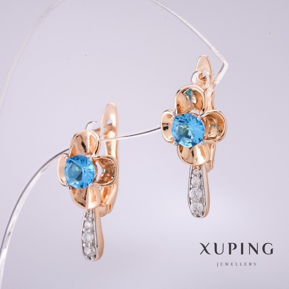 Сережки Xuping з блакитними камінням 20х10мм позолота 18к