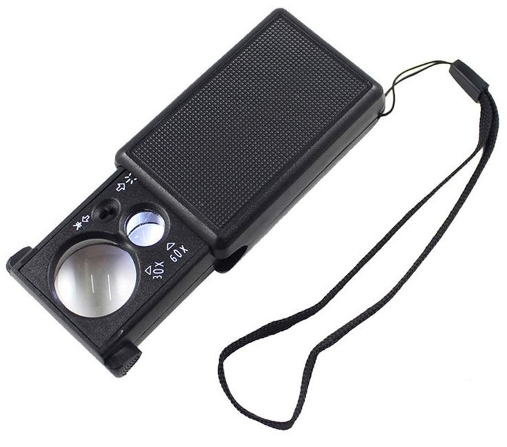 Лупа NO.9881 висувна з Led подсв.+ UV, 30Х діам-21мм+ 60Х діам-12мм