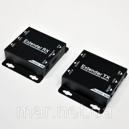 Подовжувач HDMI, 4K, IR, 60м по кабелю UTP Cat. 6 з блоком живлення, фото 1