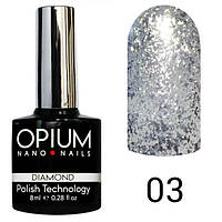 Гель-лак Opium No3 серії Diamond 8 мл срібло з ефектом рідкої фольги