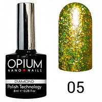 Гель-лак Opium No5 серії Diamond 8 мл Золотистий з ефектом рідкої фольги