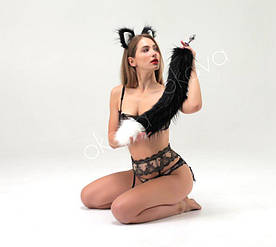 Набір анальний корок із хвостом і хутряні вушка, Чорний вовк із білим кінчиком,OKOVA 68 см.