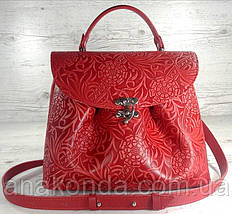 552 Натуральна шкіра, Сумка жіноча, червона з тисненням флера Шкіряна сумка на поворотному замку, фото 2