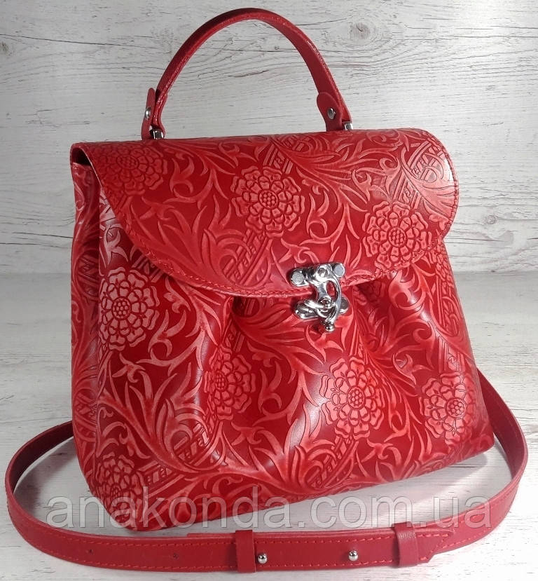 552 Натуральна шкіра, Сумка жіноча, червона з тисненням флера Шкіряна сумка на поворотному замку