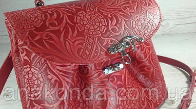 552 Натуральна шкіра, Сумка жіноча, червона з тисненням флера Шкіряна сумка на поворотному замку, фото 5