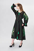 Сукня вишита чорна  "Диво-квітка максі" з зеленою вишивкою