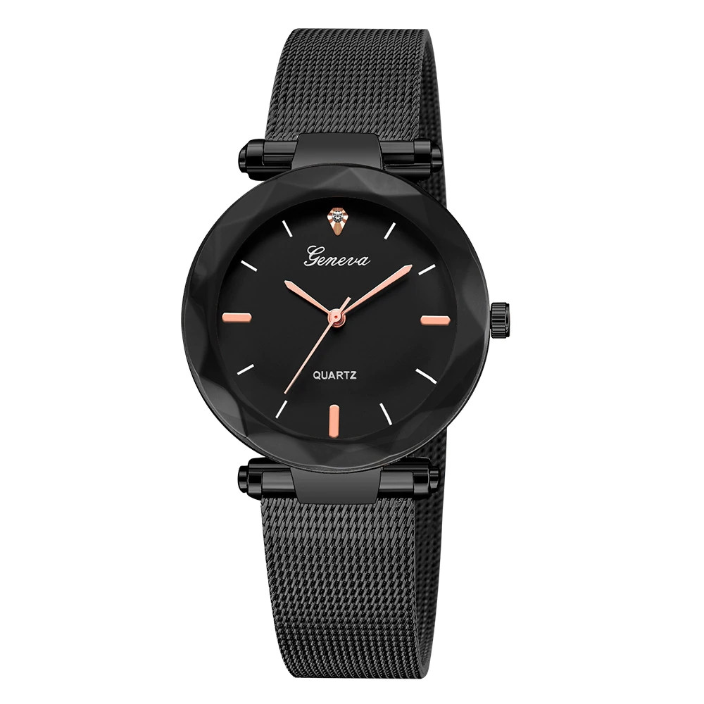 Стильний чорний жіночий годинник Geneva з мітками на циферблаті  ⁇  88650