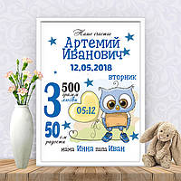 Метрика "Совенок с шариком" Печать в виде постера А4