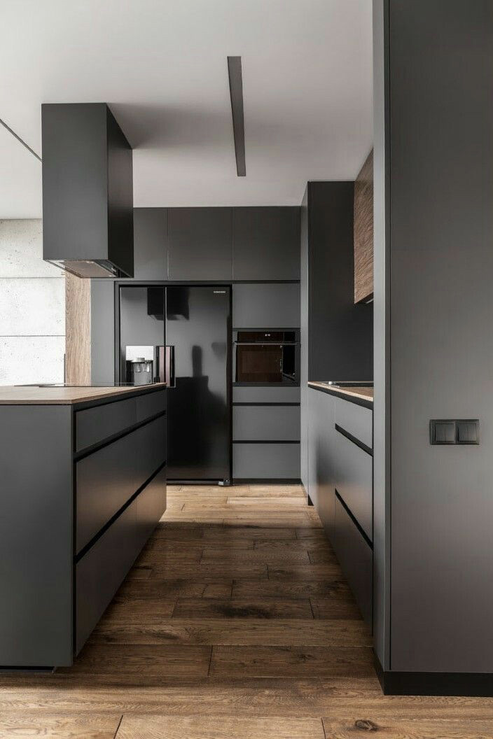 Графітова кухня з мдф фасадами alvic (Іспанія) з прихованими ручками чорного кольору