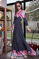 Платье длинное на запах в горох 42-48 размера с розовыми цветами