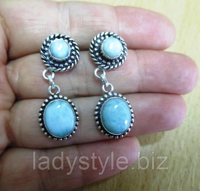 Серебряные серьги -гвоздики с натуральным ларимаром от студии LadyStyle.Biz купить ларимар натуральный серьги серебро украшения подарок редкие камни