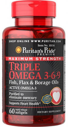 Жирні кислоти Puritan's Pride Triple Omega 3 6 9 Fish Flax Borage Oils 60 Softgels, фото 2