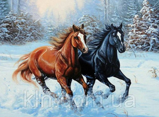 Алмазна мозаїка на підрамнику Швидкі коні у снігу 50 х 40 см (арт. TN441), фото 1