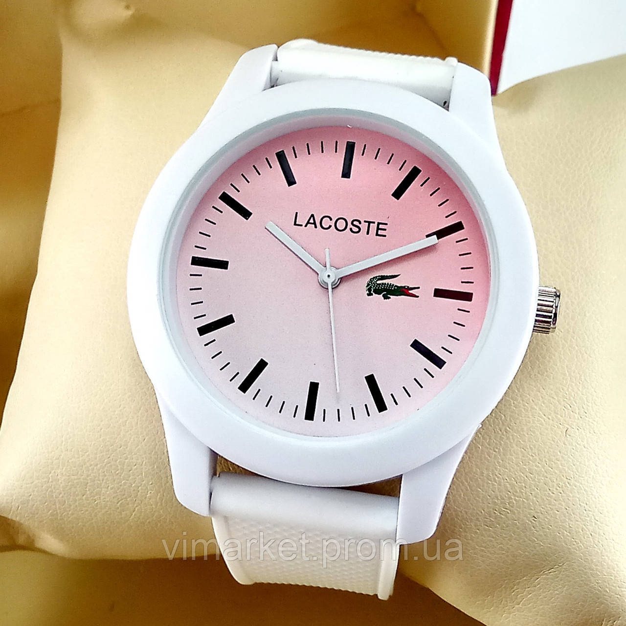 Кварцові наручні годинники Lacoste білого кольору з рожевим циферблатом, силіконовий ремінець, коробка в подарунок