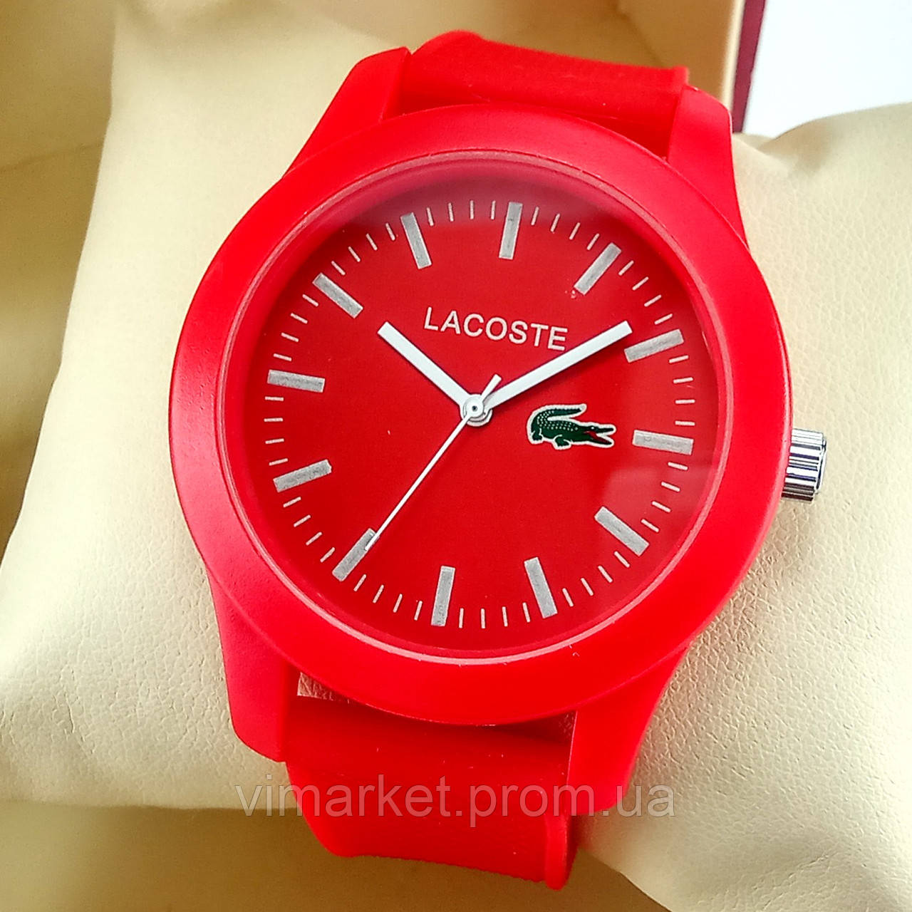 Кварцові наручні годинники Lacoste червоного кольору з червоним циферблатом, силіконовий ремінець
