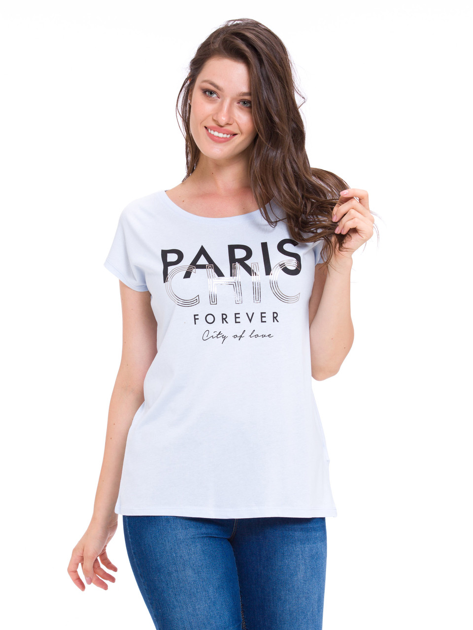 Блакитна жіноча футболка Lc Waikiki/Лс Вайки з написом Paris chic forever