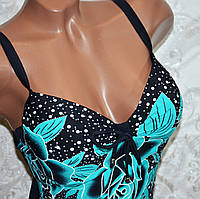 Великий 52 розмір! Класичний чорний спільний купальник для великих форм, з бірюзовими квітами та стразами