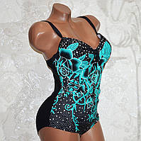 Розмір L/48. Чорний купальник жіночий, з бірюзовими квітами, зі стразами, яскрава модель