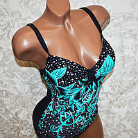 Розмір 2XL (52). Чорно-бірюзовий спільний жіночий купальник, з квітами та стразами, новинка