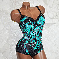 48 розмір. Чорний із бірюзовим цілісний жіночий купальник для пишних красунь, з квітами та стразами