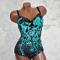 48 розмір! Чорний із бірюзовим, закритий жіночий купальник для великих форм, з квітами та стразами
