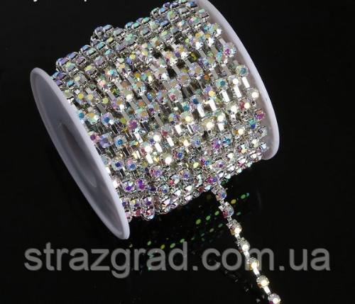 Стразовий ланцюг середньої щільності. SS16 Crystal АВ - Срібло. Ціна за 0,5 м
