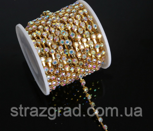 Стразовий ланцюг середньої щільності. SS16 Crystal АВ — Золото. Цена за 0,5м