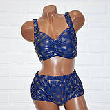 Блискучий синій купальник, із золотистим блиском, 58 розмір, роздільний, без кісточок, високі плавки, фото 4