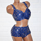 Модний синій купальник, із золотистим блиском, великий 60 розмір (7XL), роздільний, без кісточок, високі плавки, фото 3