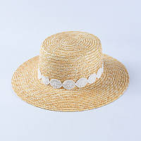 Соломенная летняя шляпка канотье с белой ленточкой