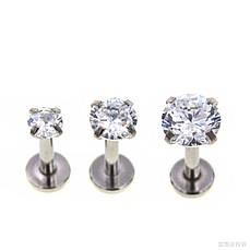 Лабрет з білим фіанітом сріблястий, медична сталь