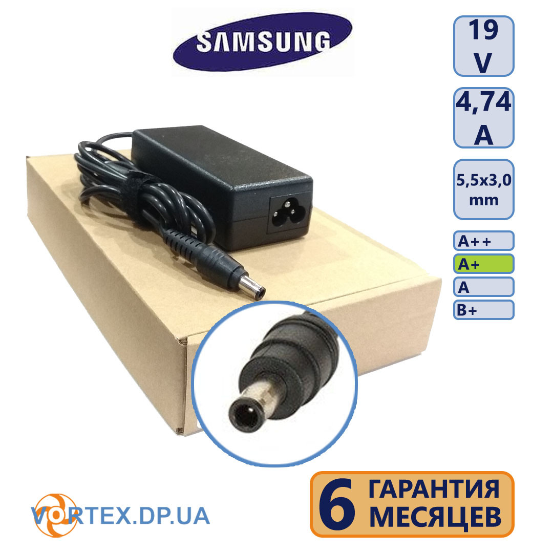 Зарядний пристрій для ноутбука 5,5-3,0 mm pin inside 4,74A 19V Samsung 90W A+, фото 1