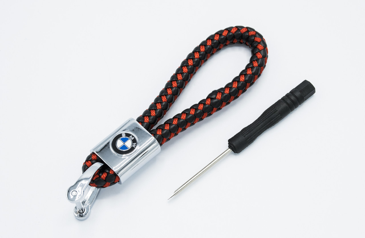 Брелок плетений з логотипом BMW плетений берлок з логотипом БМВ для автомобіліста + карабін/чорно-червоний, фото 1