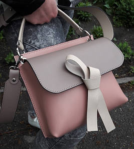 567-к Сумка крос-боді жіноча, натуральна шкіра, комбінована рожева пудра пудрова темна бежева