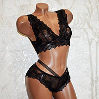 Розмір XL (48) ексклюзивний чорний мереживний набір спідньої жіночої білизни, бюстик + труси сліпи