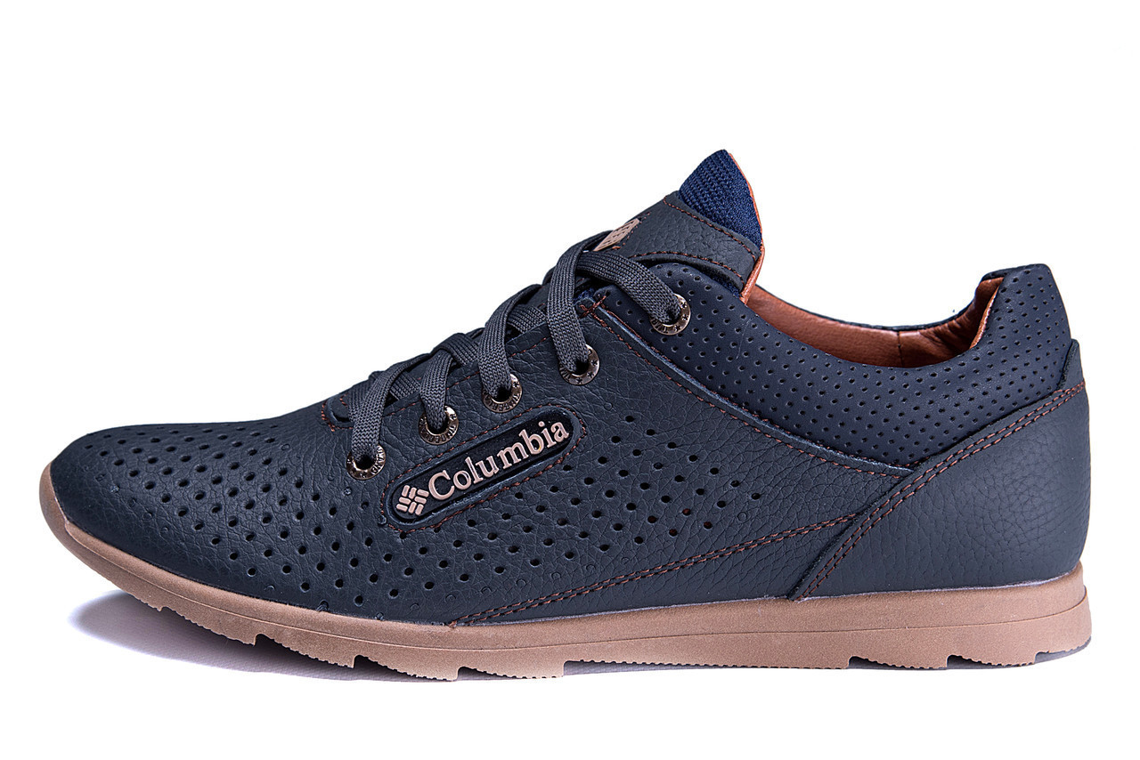 Чоловічі шкіряні літні кросівки, перфорація columSB blue
