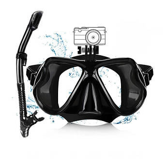 Набір для плавання маска з трубкою з кріпленням для камери, для дайвінгу та снорклінгу Scuba M1800 Чорна