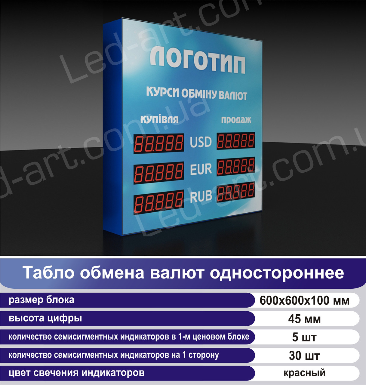Светодиодное табло обмен валют одностороннее 600х600 мм LED-ART-600х600-1 - фото 1 - id-p95842371