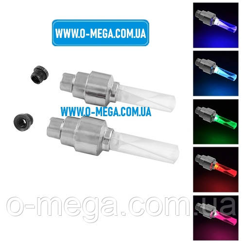 Світлодіодні ковпачки на ніпель 2 штуки, велосипедний золотник 818, 5 кольорів, 1 LED, RGB, 3xAG10, фото 1