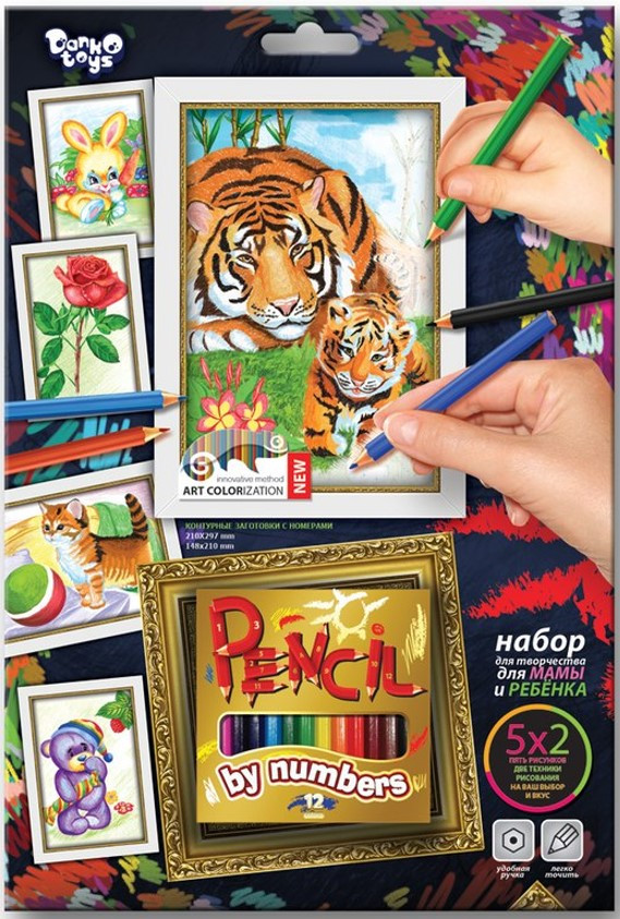 Розфарбування по номерах Олівцями 5 малюнків. Тигр Danko-Toys, фото 1