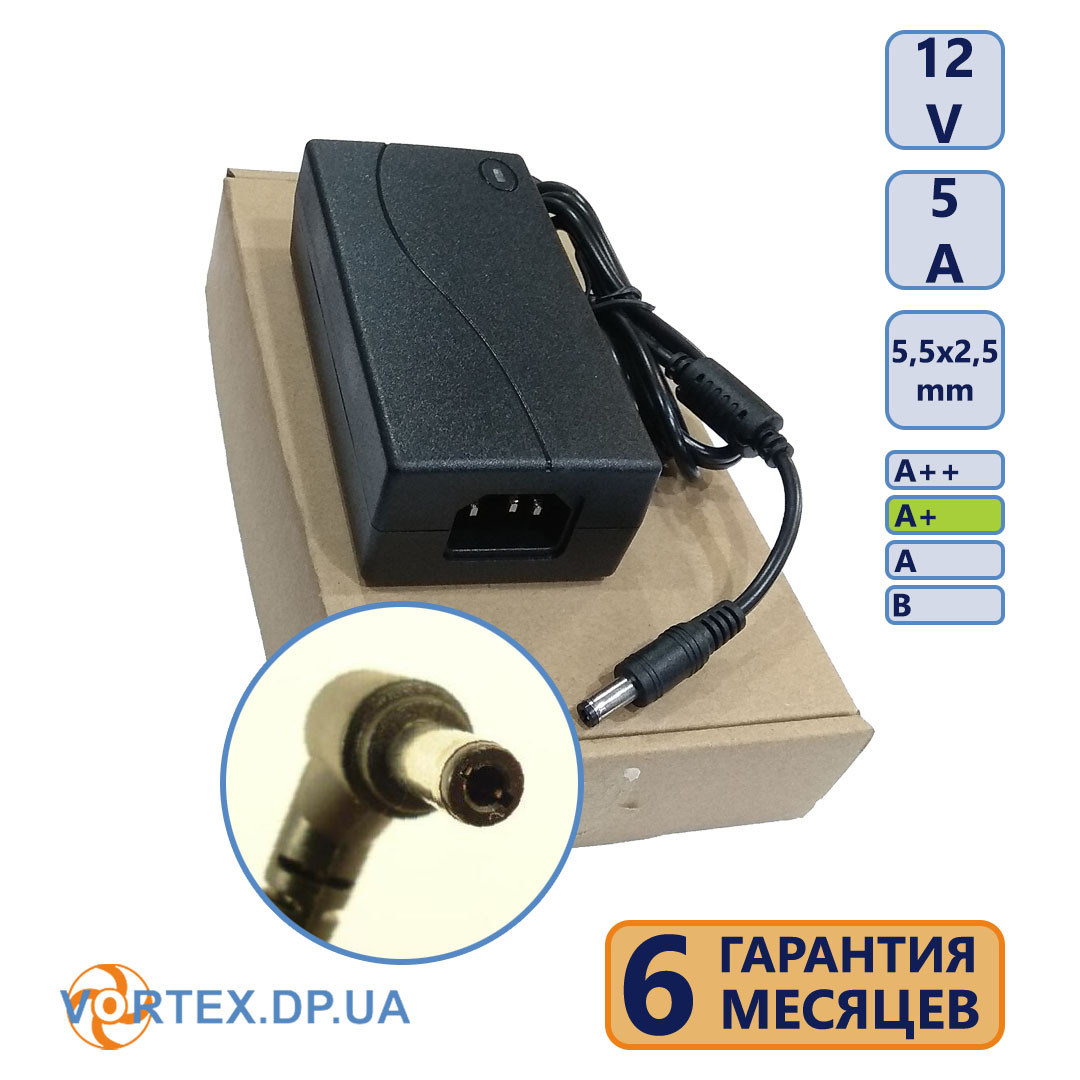 Блок живлення 5,5-2,5 5A 12V новий, фото 1