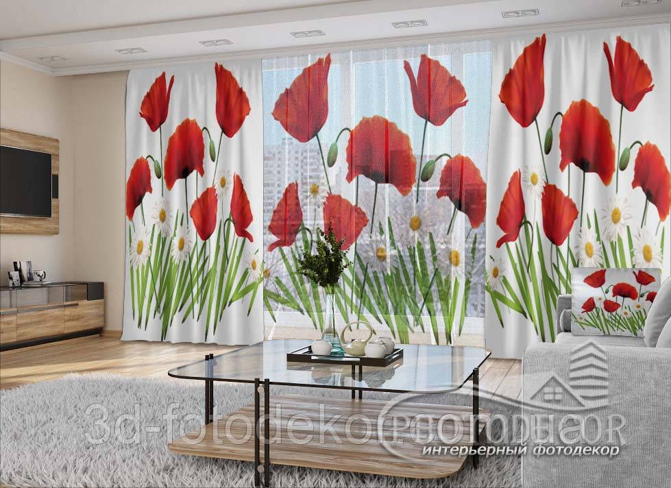 3D - Фото Штори і тюль "Маки та ромашки" - будь-який розмір. Читаємо опис!
