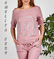 Спортивний костюм жіночий літній турецький зі стразами No 8836 пудра