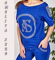 Спортивний костюм жіночий літній турецький зі стразами No 8836 електрик