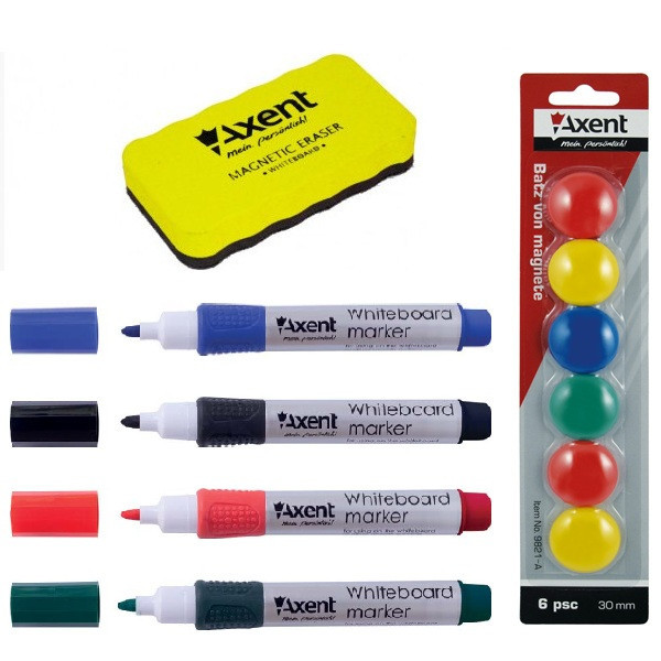 Набір для маркерно-магнітних дошок і фліпчартів (4 маркери, губка, магніти) Axent A. 123, фото 1