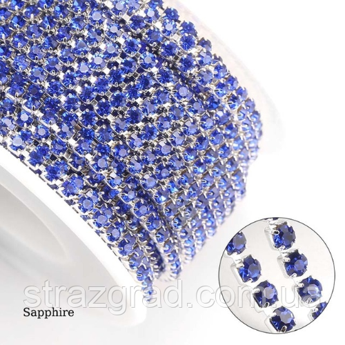 Стразовий ланцюг Щільний. SS12 Sapphire — Срібло. Цена за 0,5м